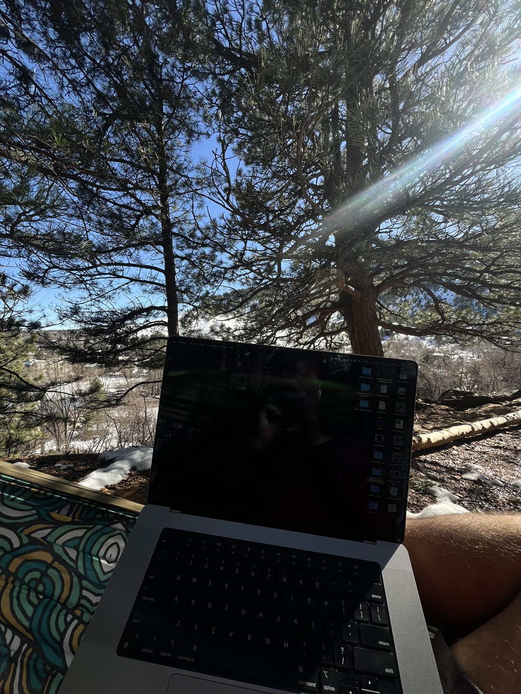 An outdoor work setup captures a laptop opened on a lapdesk, which rests on patterned cushions. The surroundings are tranquil with evergreen trees and a glimpse of a snow-covered terrain in the background. Sunlight filters through the trees, creating a lens flare effect. The laptop screen is off, reflecting the figure of the person using it and the natural environment beyond the screen.