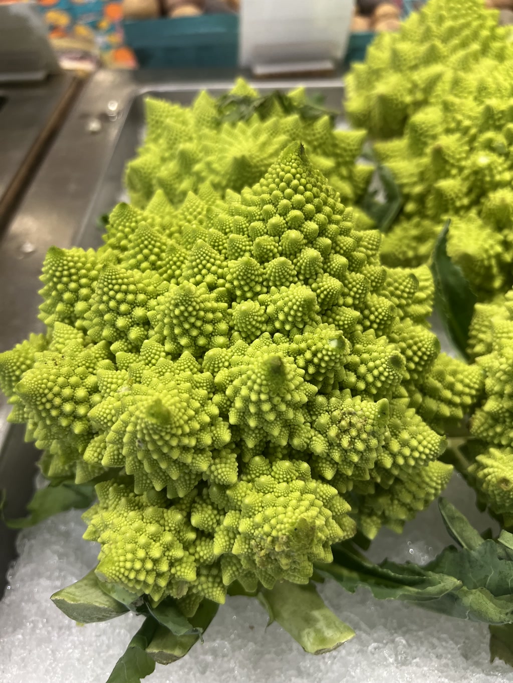 A close-up view of a Romanesco broccoli with its characteristic spiral fractals. It displays a vibrant green color and has a unique geometric appearance with conical shapes and spiral patterns repeating throughout its structure. The fractal nature is made up of smaller florets that are identical in shape to the overall form. There are some leaves attached to the stem, and it is resting on a bed of crushed ice, possibly to maintain its freshness.