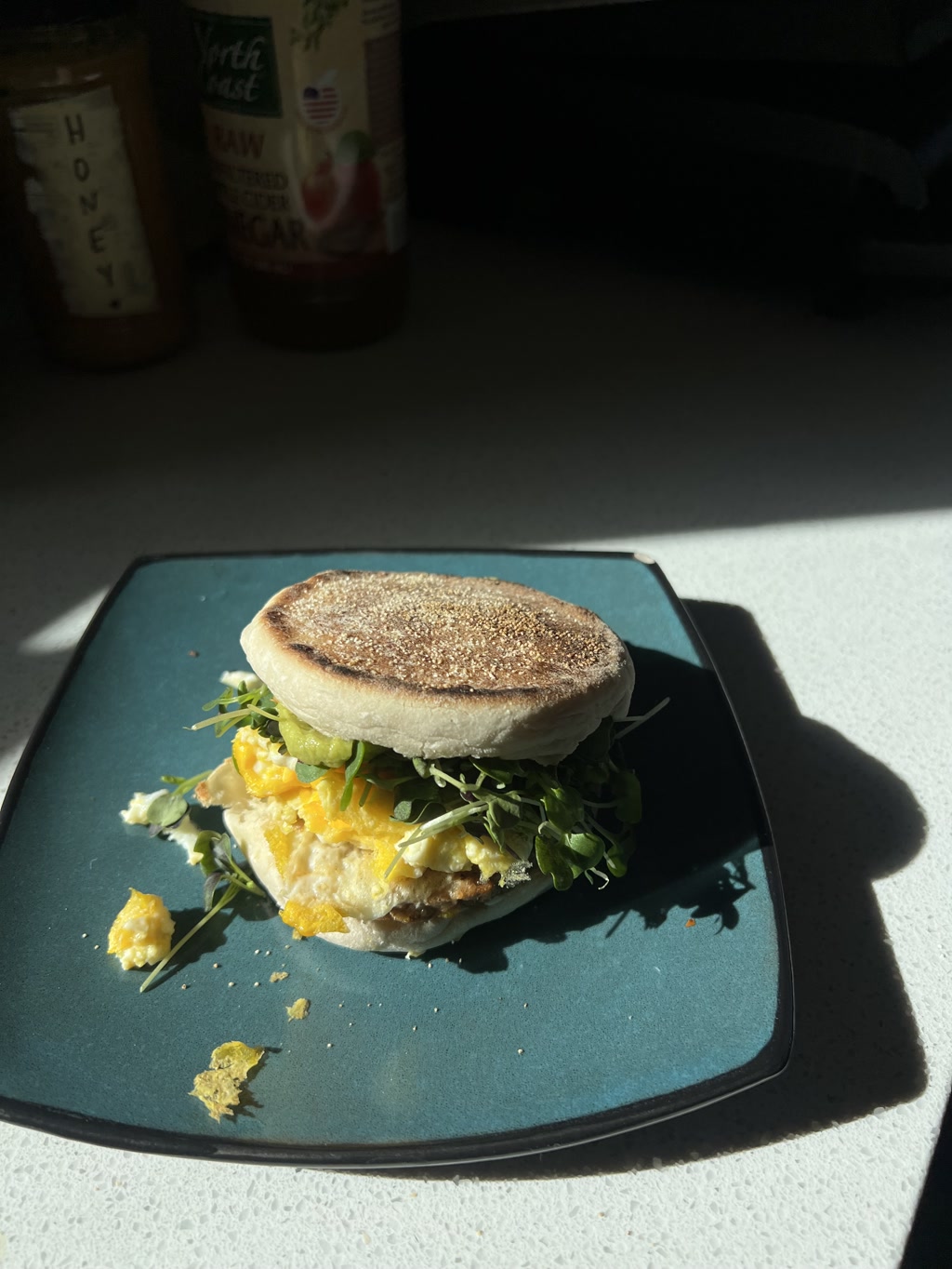 A breakfast sandwich sits on a blue plate, basking in streaming sunlight. It consists of an English muffin, split in half with the top leaning to one side, revealing the ingredients inside. The sandwich is filled with a layer of fluffy, scrambled eggs, vibrant green microgreens, and a slice of melted cheddar cheese. In the background, partially obscured by shadows, are a jar labeled 'HONEY' and a bottle of apple cider vinegar with the 'Bragg' brand visible.